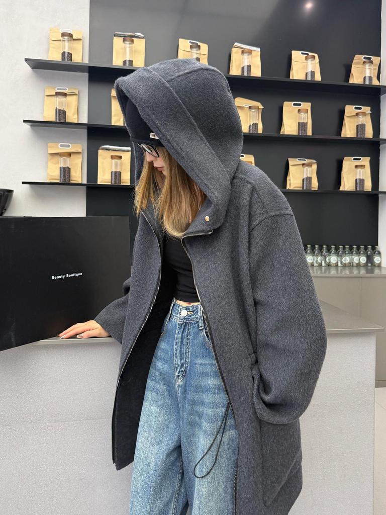 Damen Koreanischer Kaschmirmantel mit Kapuze und Reißverschluss, doppelseitig: Einfarbig, Mittellang, Vielseitig und Verdickt Lockeres Oberbekleidungsstück.