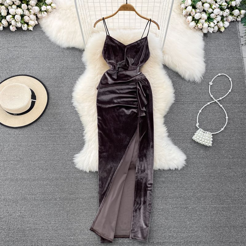 Retro Backless Slit Velvet Dress Evening Gown