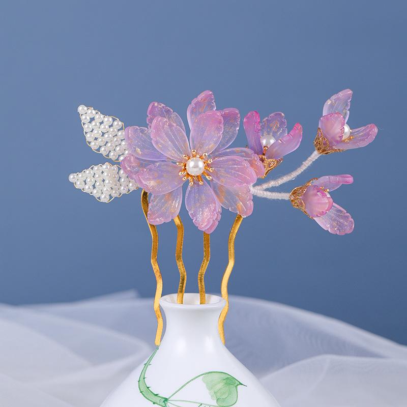 Purple Flower Hair Combs Chinese Hairpins Clips Tassel Pendant Jewelry Women Hanfu Dress Cosplay Pearl Butterfly Headpieces