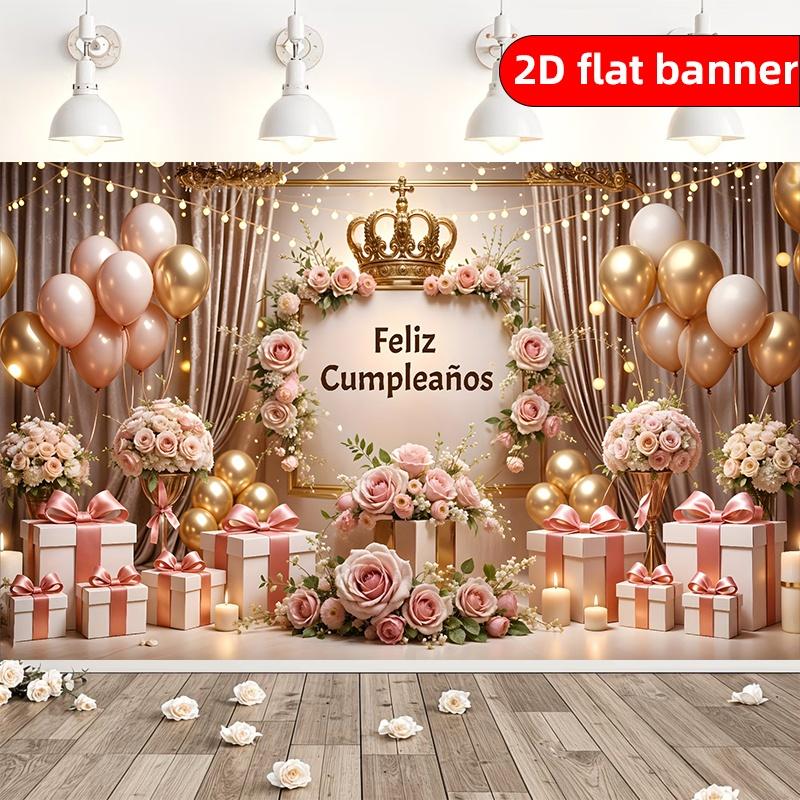 Spanish Birthday Celebration Banner Background Pink Curtain Gift And Rose Balloon Pattern Design Polyester Party Home Decor Birt
