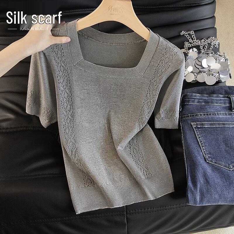 

Women s Summer Square Neck Hollow-Out Short Sleeve Knit Top One Size