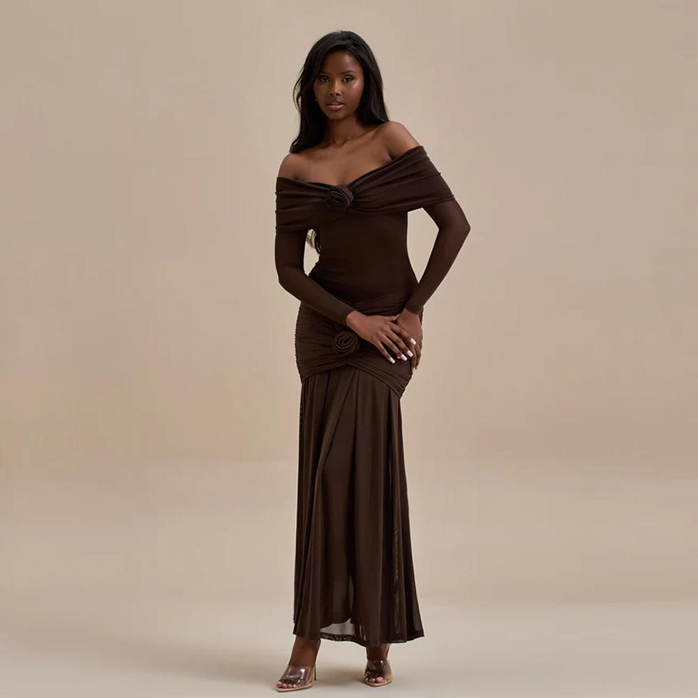 Autumn New European and American Women's Clothing Fashion Temperament Solid Color Pleated Slim-fitting Long-sleeved One-word Shoulder Dress