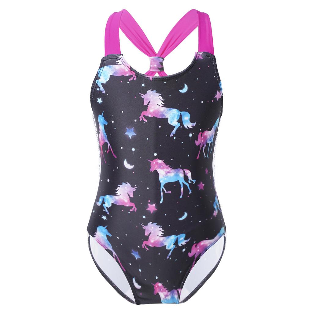 Girls Sleeveless Swimsuit Wide Straps Sapphire Print Horse Stars Pattern One Piece Bathing Suit