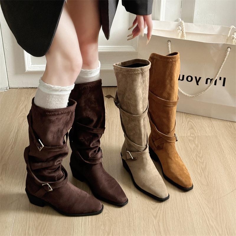Soft Leather Version~ Retro Belt Buckle Thick Heel Boots But Knee Skinny Knight Boots Pointed Pleated Pile Boots Women