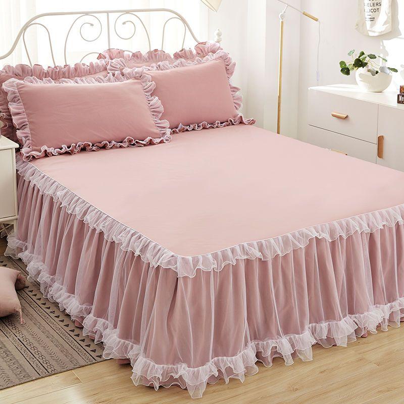 3 Pink Lace Bed Skirts Ruffle Edge Mesh Protective Bedspread Thickened Anti Slip and Dustproof Bed Sheets and Pillowcases