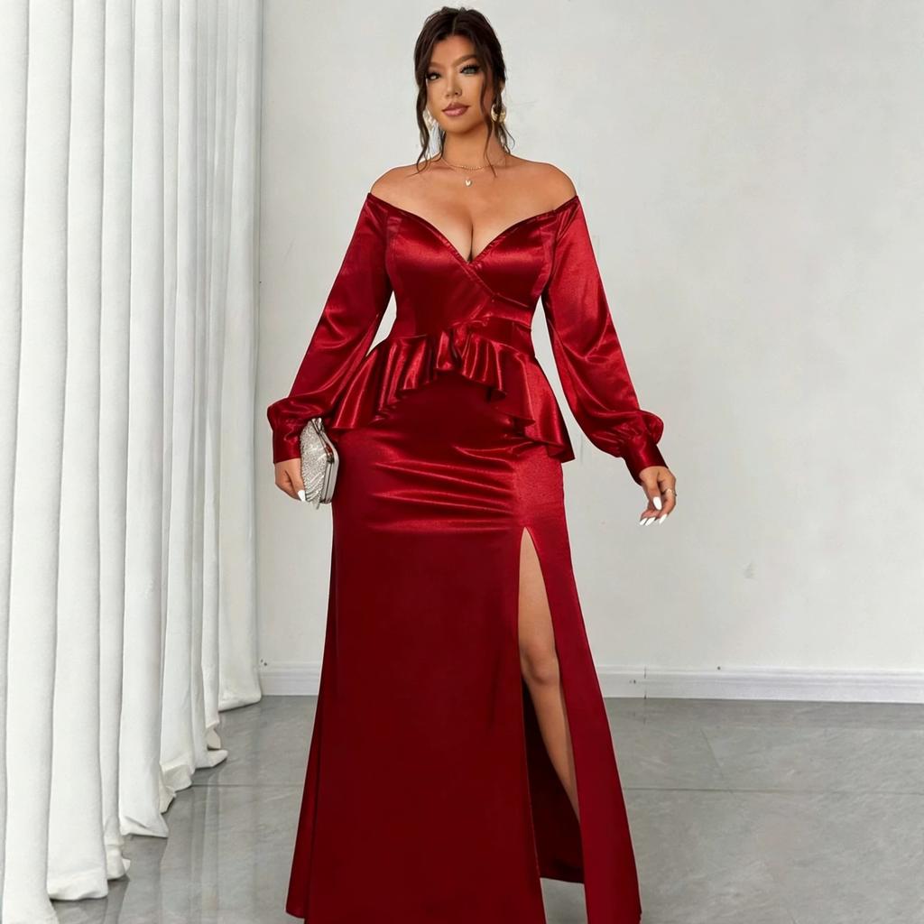 Large size red banquet dress long dress, deep V off-the-shoulder high-quality annual meeting party dress D
