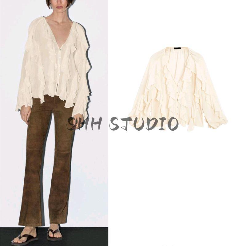 MD Spring New Arrival Women's Clothing French Romantic Vacation Style Elegant Ruffles V-neck Long Sleeve Shirt Top 5152752