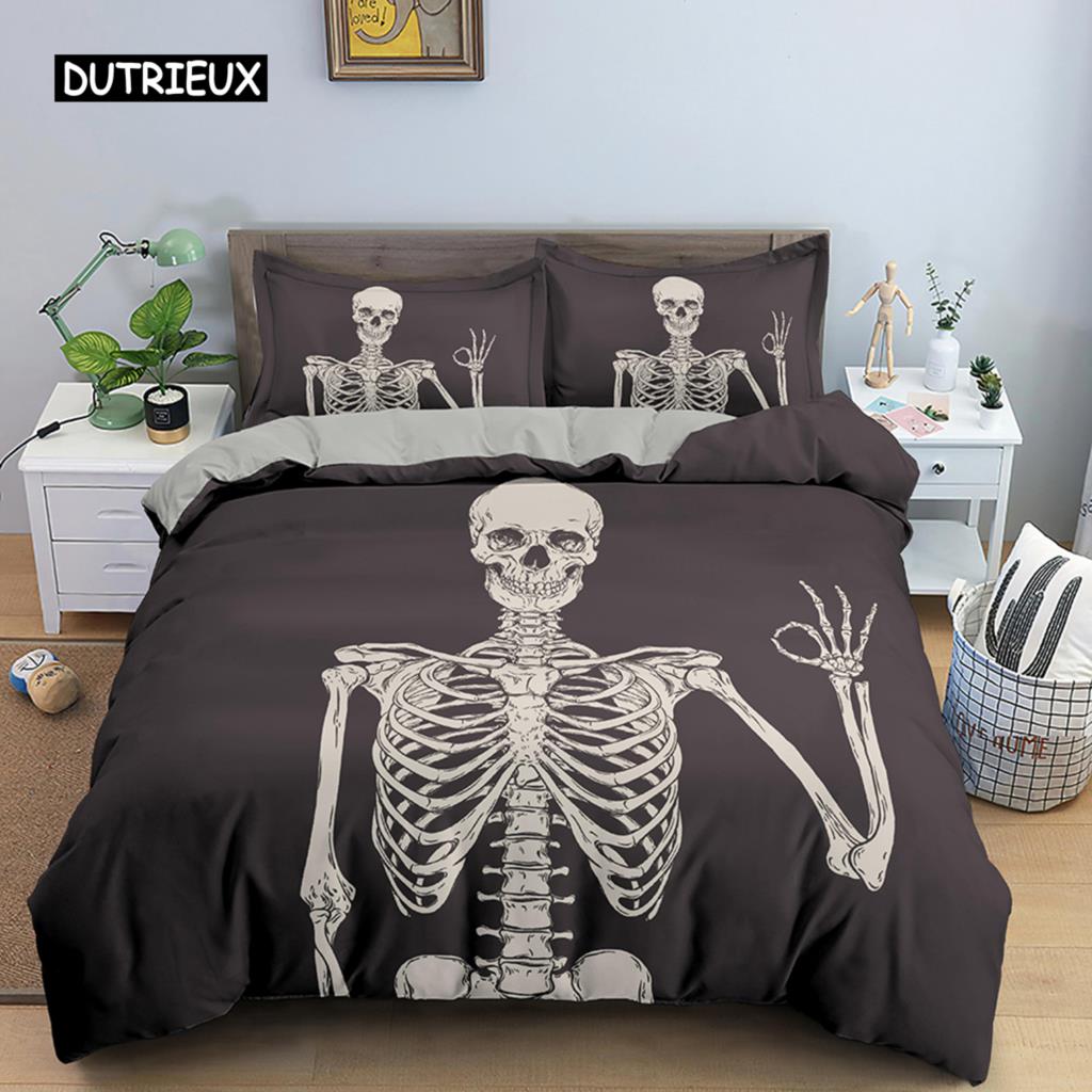 3D-Skelett-Bettwäscheset Totenkopf-Bettbezug 2/3-teilig Bettbezug mit Kissenbezug Queen-King-Size-Bettwäsche aus weichem Mikrofasergewebe