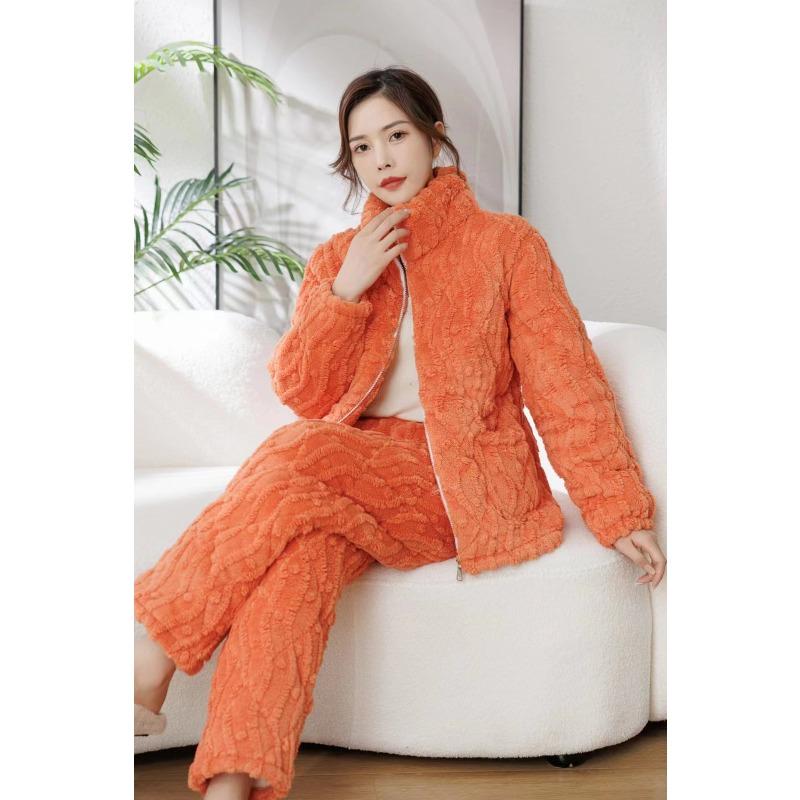 Coral fleece women's pajamas three-layer padded cotton thickened pregnancy postpartum breastfeeding set thermal loungewear