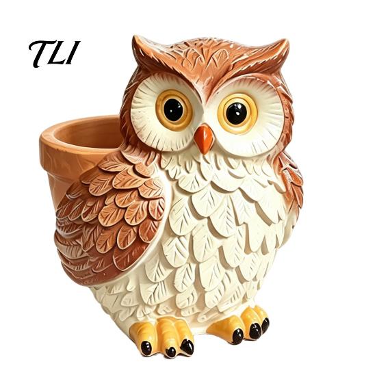 Artistic Desktop Flower Holders Cute Cartoon Owl Planter, Resin Small Planter Pot, Decorative Pot Plant for Succulents, Indoor Garden Balcony
