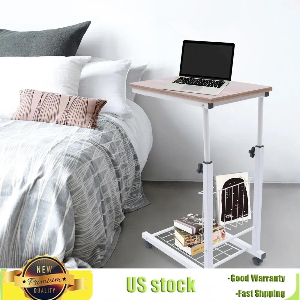 Bymaocar Oak Colored Moving Edge White Table Rack Adjustable Side Table W/ Removable&Lockable Universal Wheels Home/dormitories