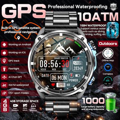2026 Neue Militärische Präzision GPS Smartwatch Herren Höhenmesser Kompass 10ATM Wasserdicht 1000mAh Akku Bluetooth Anruf 4GB Speicher Outdoor Fitness Smartwatch