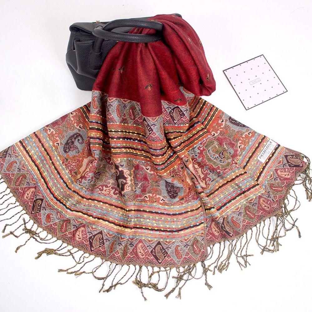 With Tassel Print Headscarf Long Shawls and Wraps Retro Fringed Scarves