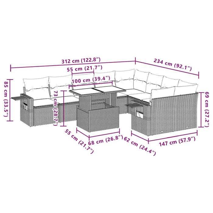VidaXL Garden Lounge Set 10 Pcs with Cushions Black Wicker 3268125
