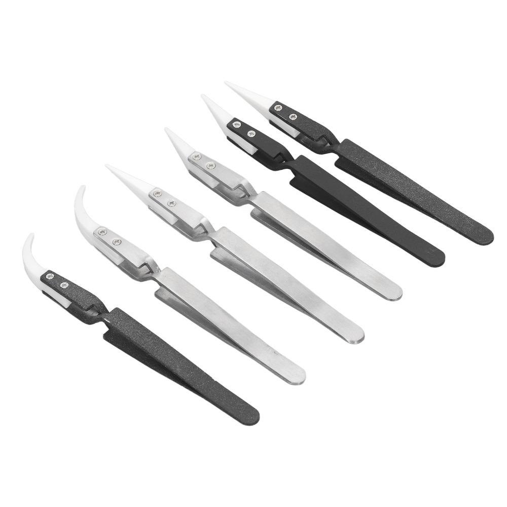 6 PCS Non-Conductive Ceramic Tweezers Anti-Magnetic Pointed & Curved Tips Reverse Solder Tweezers Cross Lock Stainless Steel