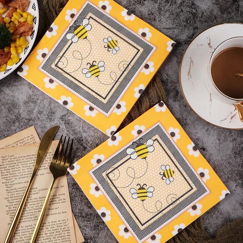 Bee Napkins, 20-pcs Yellow Black White Cartoon Bee & Flower Pattern Paper Napkins for Kids Birthday Party, Pure Wood Pulp, Naturalis
