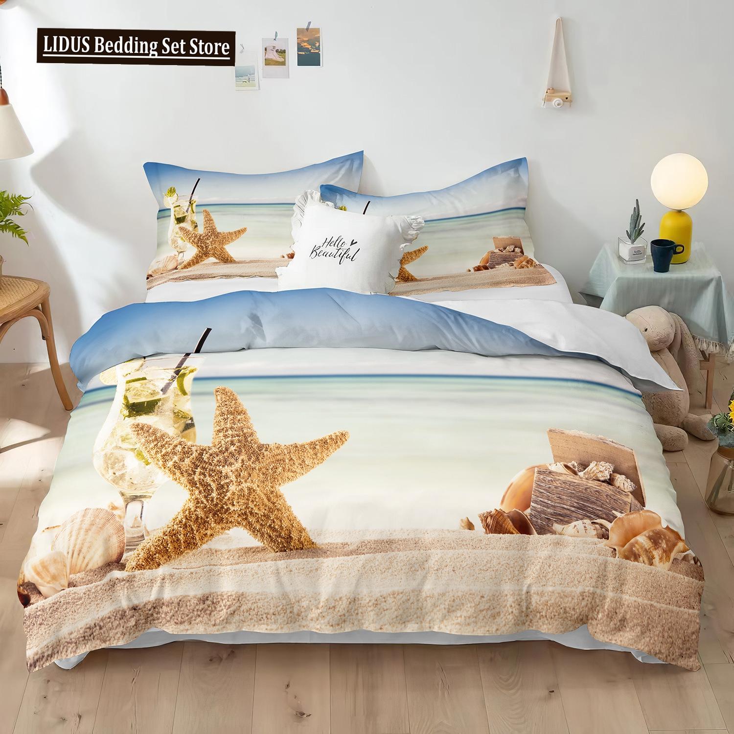 

Beach Duvet Cover Set Polyester Bedding Set With Ocean Starfish Drifting Bottle Print Pattern Comforter Cover For Kid Adult Boys EU single(135x200cm)