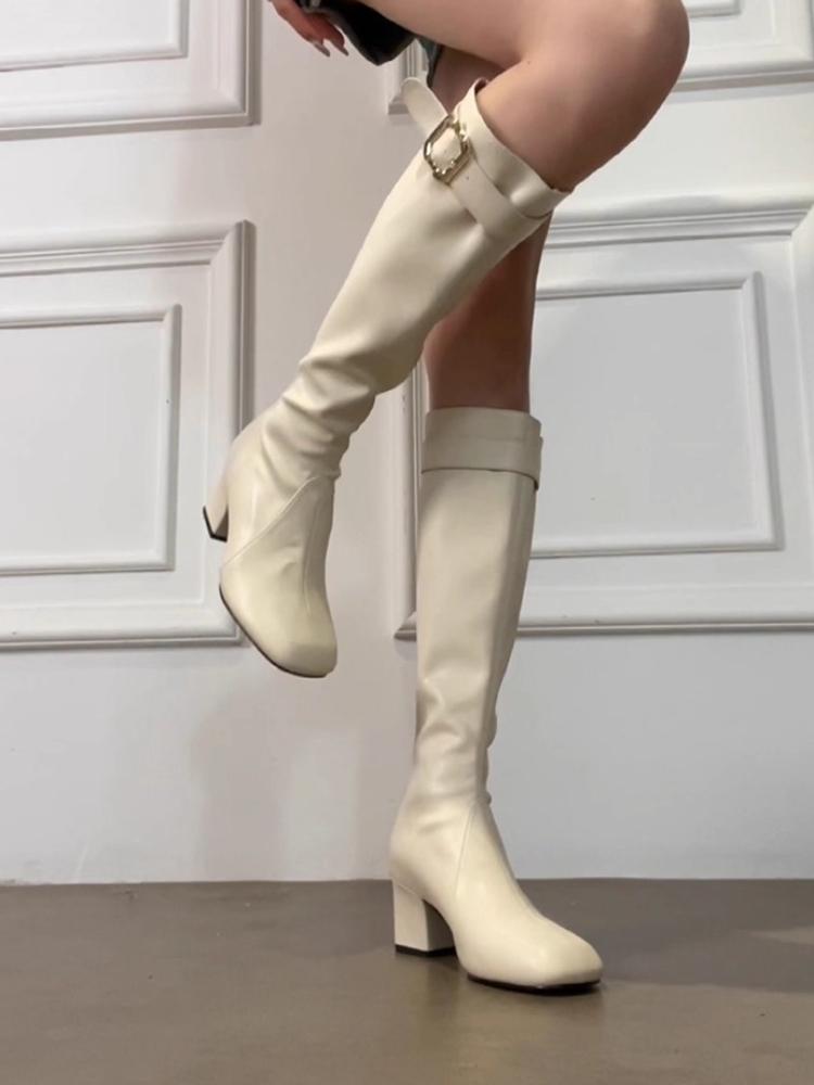 Winter Stretch Slim Women Knee High Boots Fashion Square Toe Belt Buckle Shoes Ladies Thick Heel Knight Long Booties