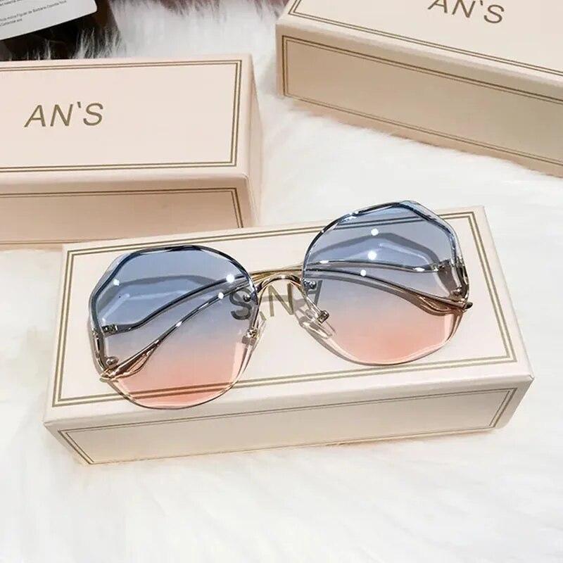 Luxury Round Gradient Sunglasses Women Metal Curved Temples Eyewear Ocean Rimless Fashion Sun Glasses Ladies UV400