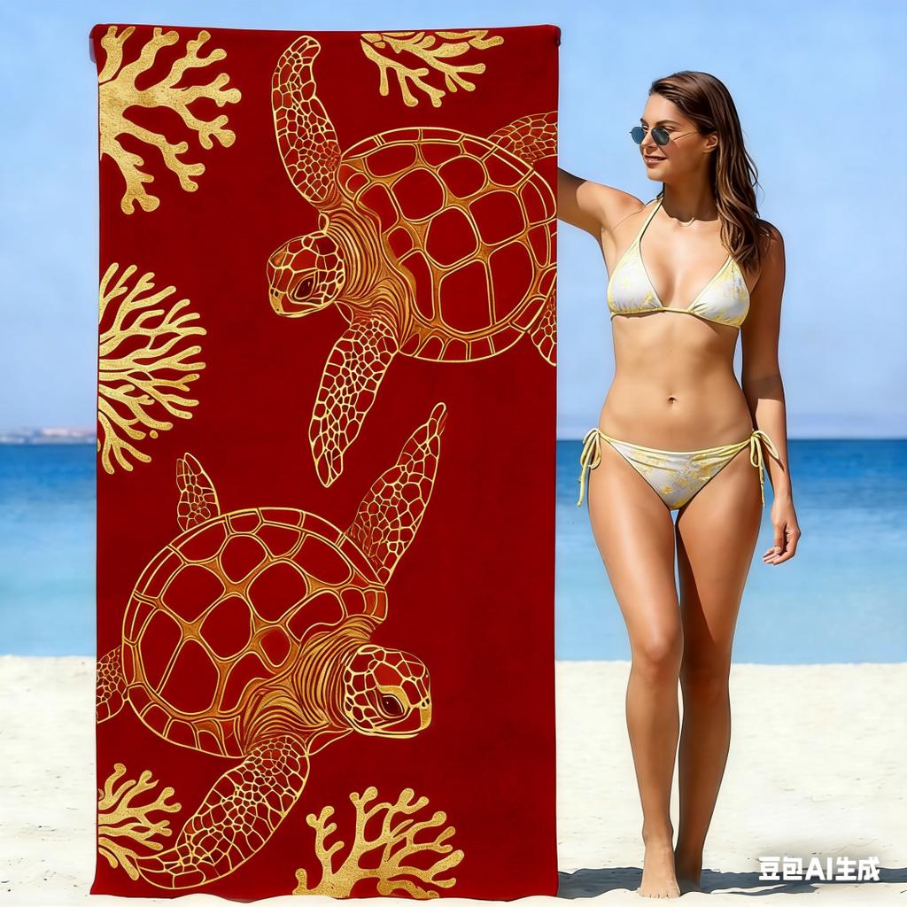 Luxury Gold Sea Turtle Coral Print Beach Towel Quick Dry Absorbent Oversized Bath Towel for Swimming Pool Vacation Beach Blanket
