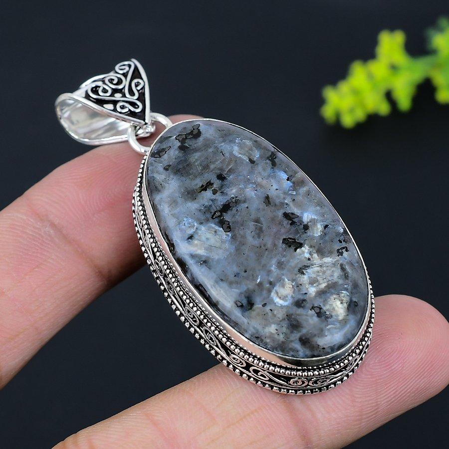 Natural Larvikite Stone Gemstone 925 Sterling Silver Gift Pendant 2.44" B0k68