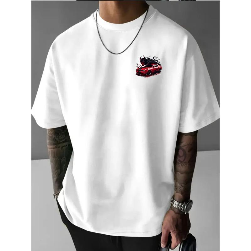 Modny i Trendy T-shirt z Krótkim Rękawem "Cool Demon Ride" z Kreatywnymi Nadrukami Literowymi z Przodu i z Tyłu (Rozmiar Europejski). Wykonane z wygodnej tkaniny