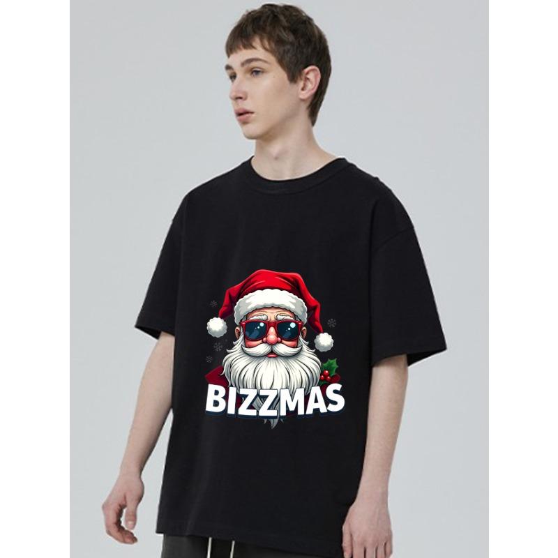 Christmas T Shirt Black Santa Claus with Sunglasses Bizzmas Print for Holiday Party