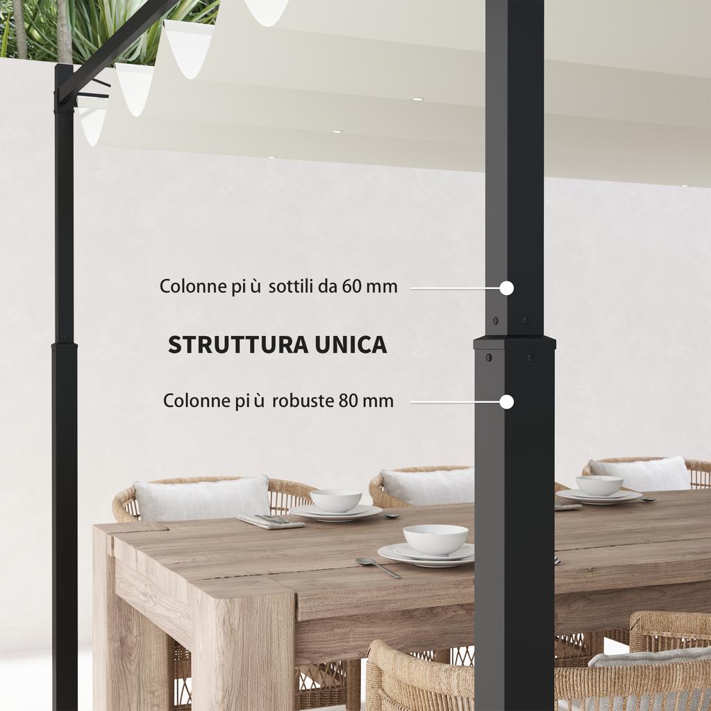 Gazebo Pergola 3x3 M with Retractable Canopy, 8 Screws and 8 Stakes, In 180g Polyester and Metal, Cream White