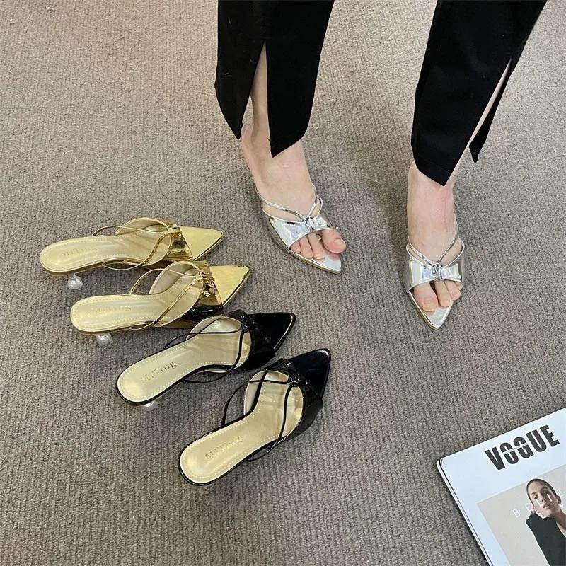 fashion Women's Middle Heel Slipper New Pointed Toe Fashion Open Toe Flip Flops Ladies Casual Slides Shoes Sandalias Mujer Verano 2024