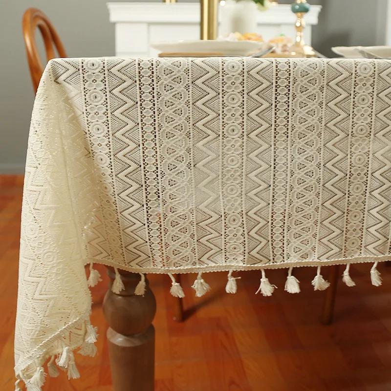 1Pc Pastoral Style Lace Beige Tablecloth Cotton And Linen Table Cloth Hollow-Out Household Non-Slip Tablecloths Decor Home