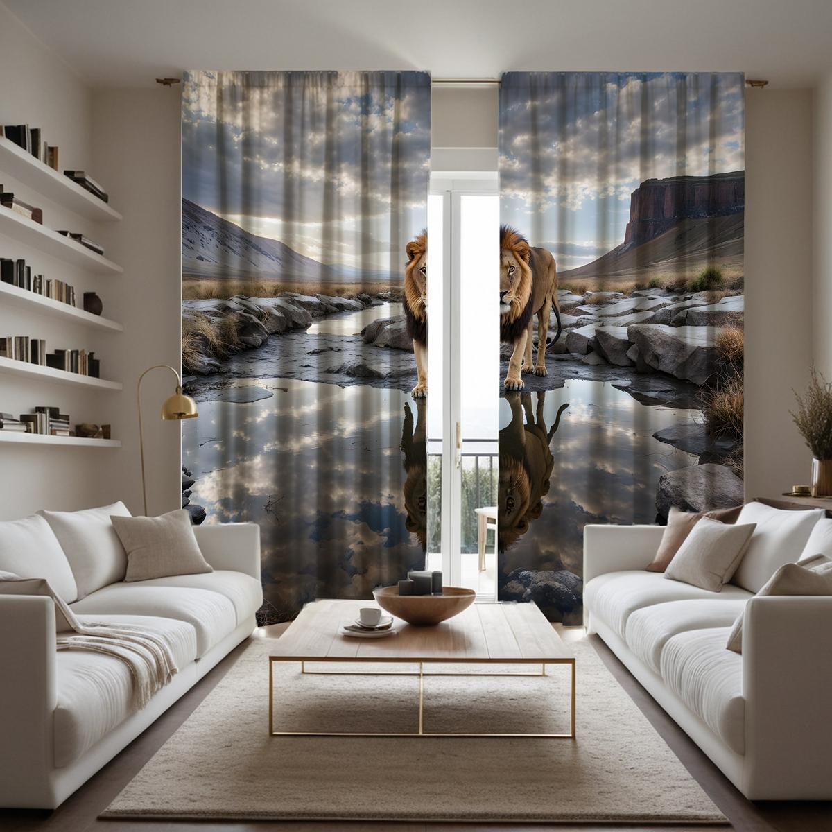 

2 штуки шторы декоративные с HD-печатью, синее небо, пляж реки Байюнь, львы, серые шторы с цифровой печатью, украшение в стиле домашнего декора W52H63inchW132H160cm