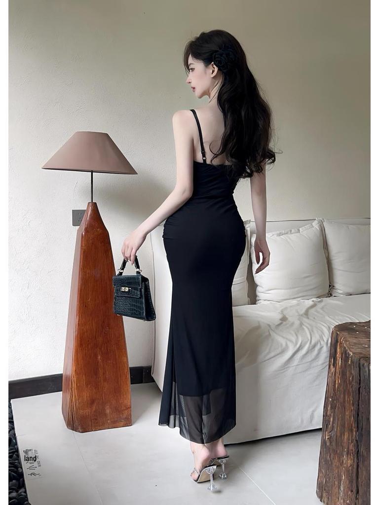 Elegant Noblewoman Mesh Splicing Camisole Dress - Sexy, Hip-Hugging Long Dress with Mature, Pure Desire Style