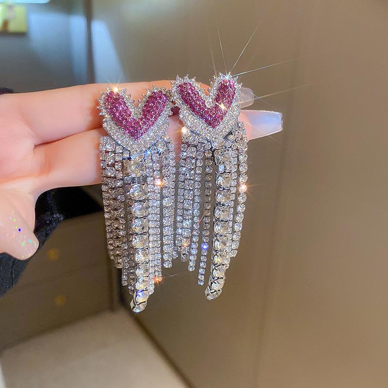 Silver Rhinestone Heart Zircon Tassel Earrings - Elegant, Luxurious, and Unique Design.