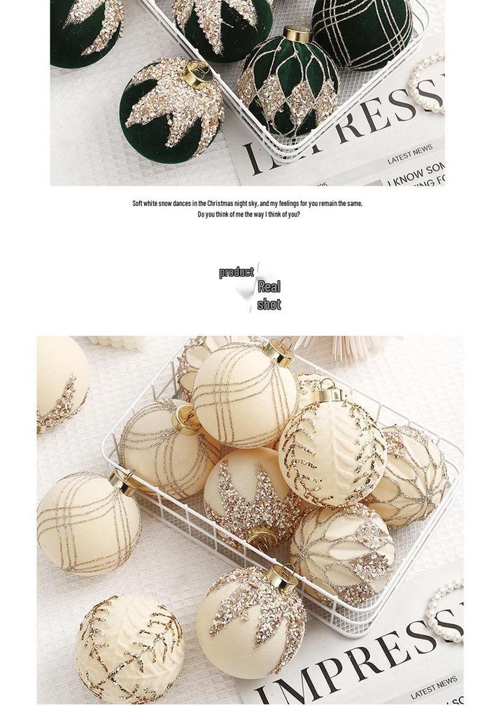 8cm Diamond Flocking Christmas Ball Set - Festive Tree Decorations