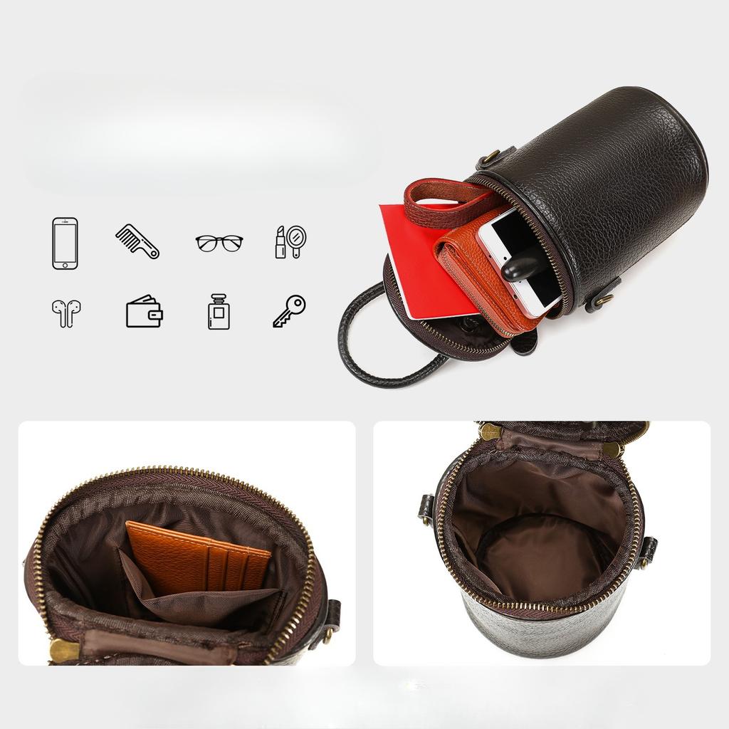 Genuine Leather Cylindrical Handbag for Carrying Water, Single-shoulder Crossbody Style, Fashionable Small Bag