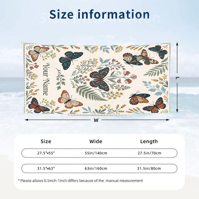 Butterflies Birds Night Sky Theme Quick Dry Beach Towel Custom Name Text Print Large Sand Resistant Towel Beach Vacation