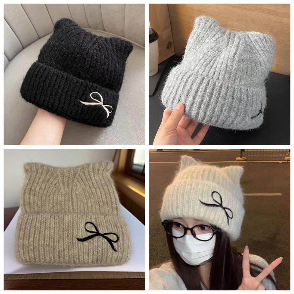 Solid Color Cat Ear Beanie Thickened Knitted Skullies Soft Knitted Woolen Hat  Autumn
