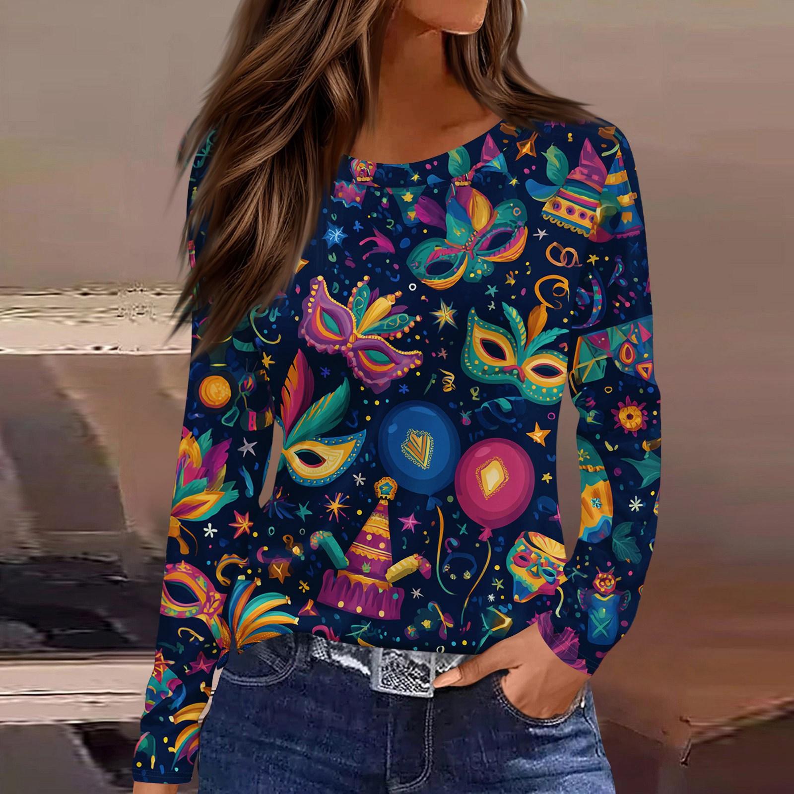 

Women s Fashionable Carnival Print Round Neck Long Sleeve Top With Slit Hem S Темно-синій