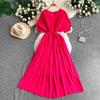 French gentle wind temperament pleated round neck lantern sleeve dress women's summer waist thin ankle dress