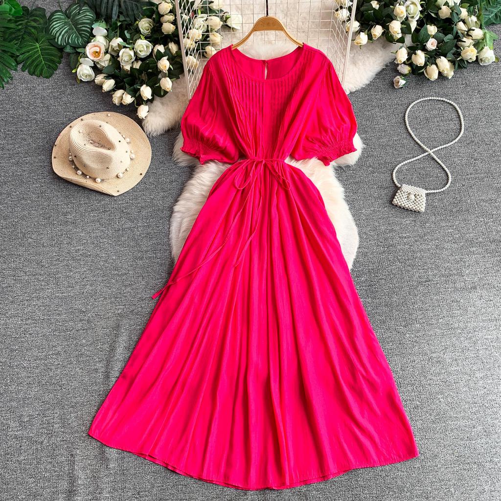 French gentle wind temperament pleated round neck lantern sleeve dress women's summer waist thin ankle dress