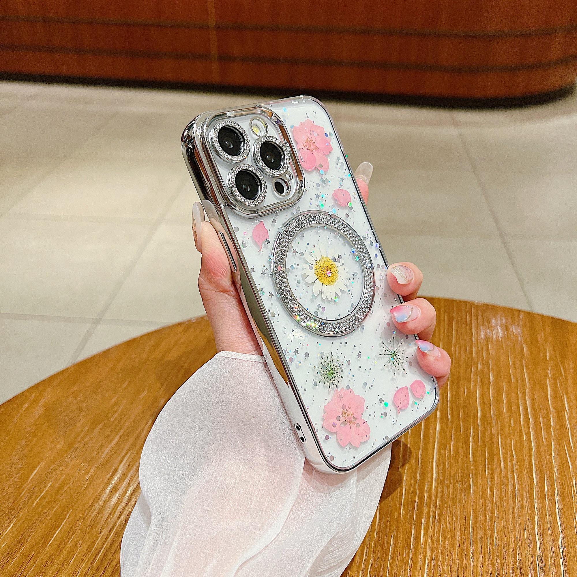 

For iPhone 14 Pro Cover Dried Flower Epoxy PC+TPU Clear Magnetic Cell Phone Case White Chamomile