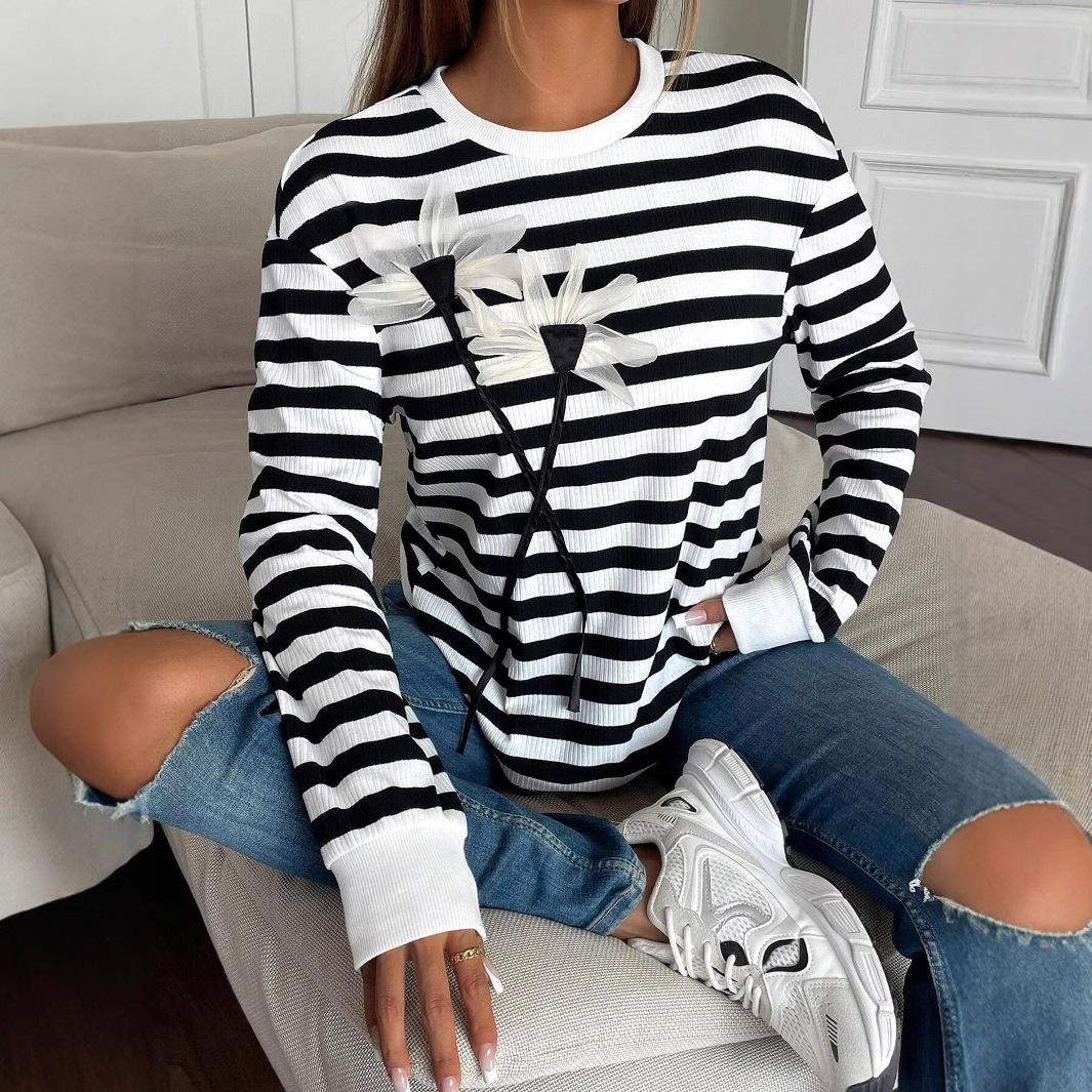 

Spring Women s Casual Long Sleeve Round Collar Striped Floral Sweatshirt T-shirt Top Women Versatile Closet Essential Fashion Items Shirt XXL