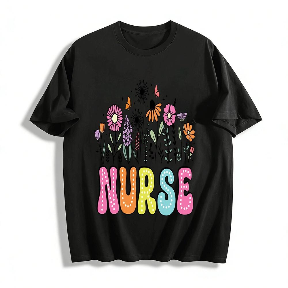Floral Print Nurse Themed Casual Short Sleeve T-Shirt Pure cotton T-shirt XXS