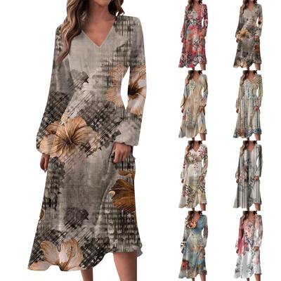 Women's Autumn And Winter Casual Fashion V-neck Long Sleeve  Print Long Dress