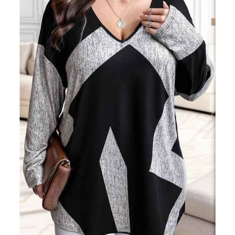 European and American Plus Size Women's Casual V Neck Panel Loose Long Sleeved Tops T Shirts