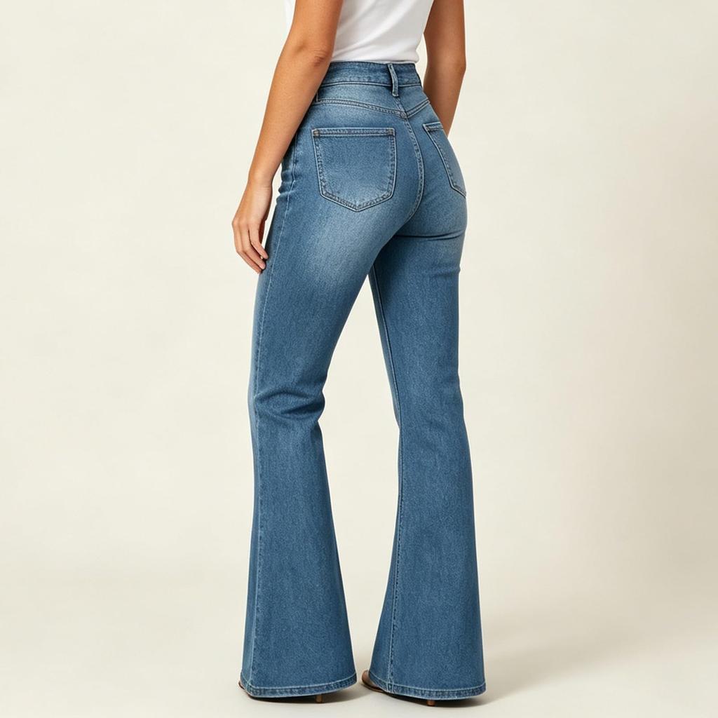 Women's Casual Jeans with Button Patch Pockets - Denim Flared Pants