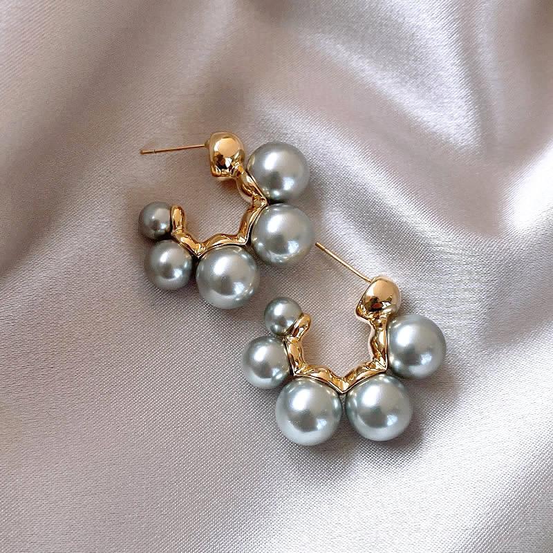 Silver Needle Geometric Pearl Ring Earrings French Premium Temperament Stud Earrings New Versatile Light Luxury Earrings Women