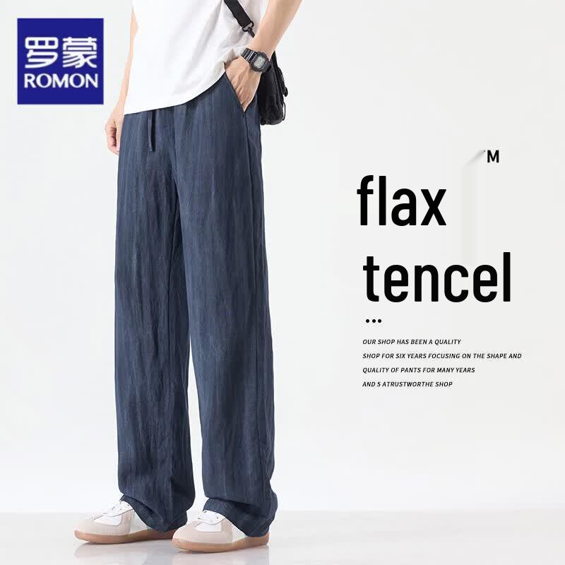 Luomeng Men s 2026 Summer Linen Tencel Loose Straight Casual Pants M темно-синий