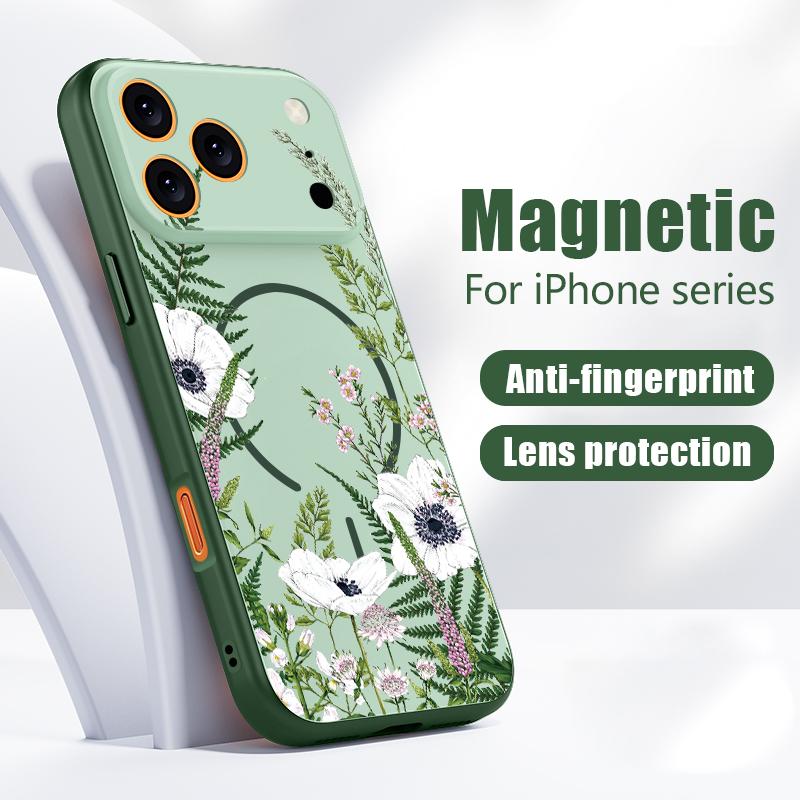 Case For iPhone 17 Pro Max INS White Flower Plants Pattern Magnetic For Magsafe Hybrid Slim Matte Cover For iPhone 16 15 14 13 Pro Max