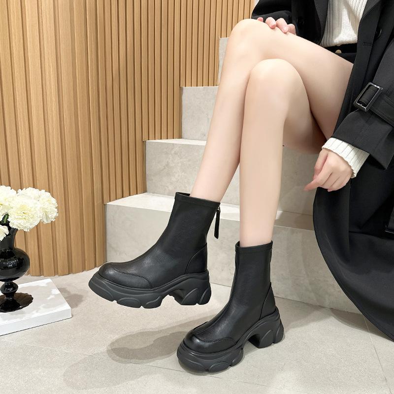 2025 Thick-soled Versatile Muffin High-heeled Elastic New Rear Zipper Short Boots Women's Autumn and Winter Retro Women's Boots Thin Boots